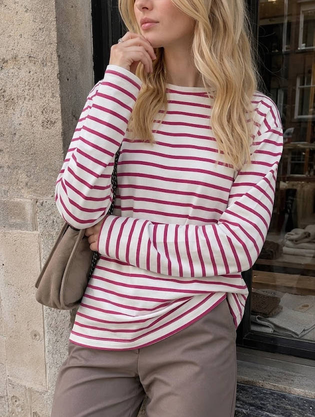 Striped Crew Neck Long Sleeve Oversized T-Shirt 3