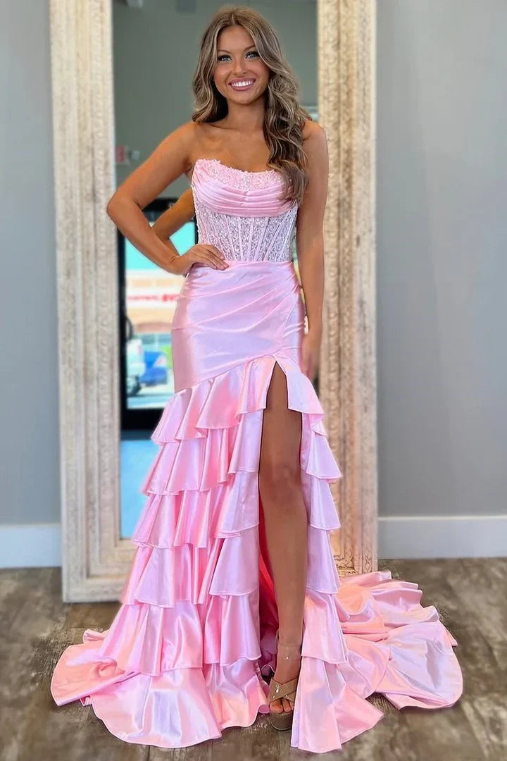 Stylish Pink Mermaid Strapless Long Tiered Satin Prom Dress with Sequin