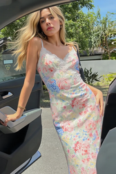 V Neck Lace Trim Floral Vacation Maxi Slip Dress