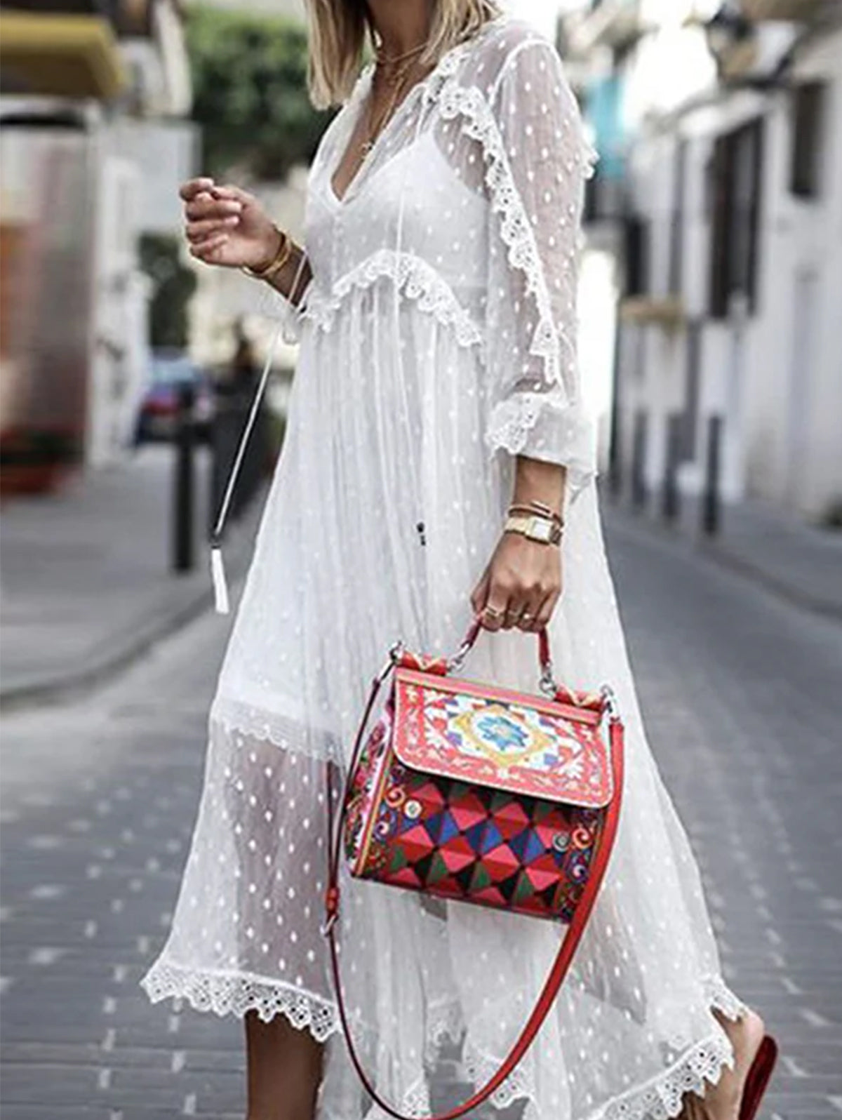 White Jacquard Polka Dot See-through Maxi Dress Long Sleeve - View 6