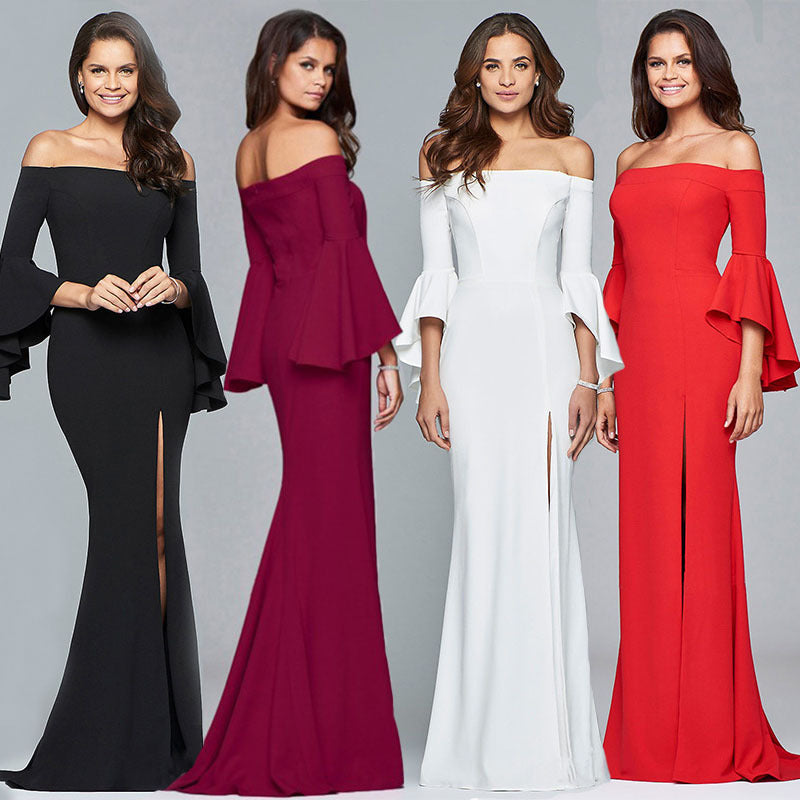 Women Clothes Hot-Selling Big Bell Sleeve Evening Dress Sexy off-Neck Split Dress