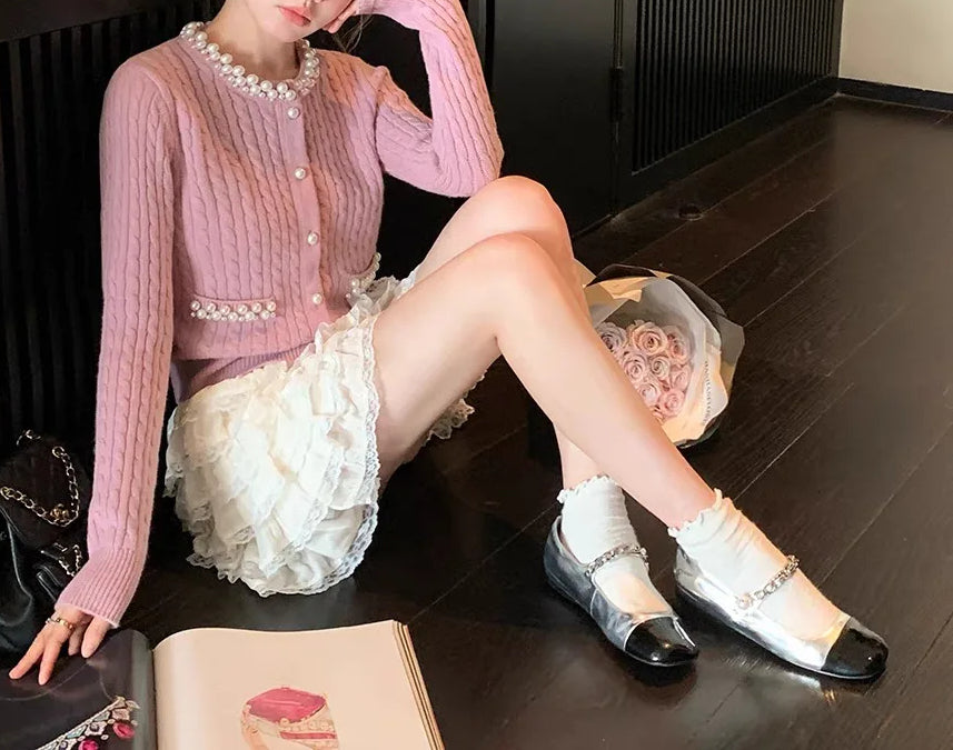 Cable Knit Faux Pearl Trim Round Neck Long Sleeve Cardigan