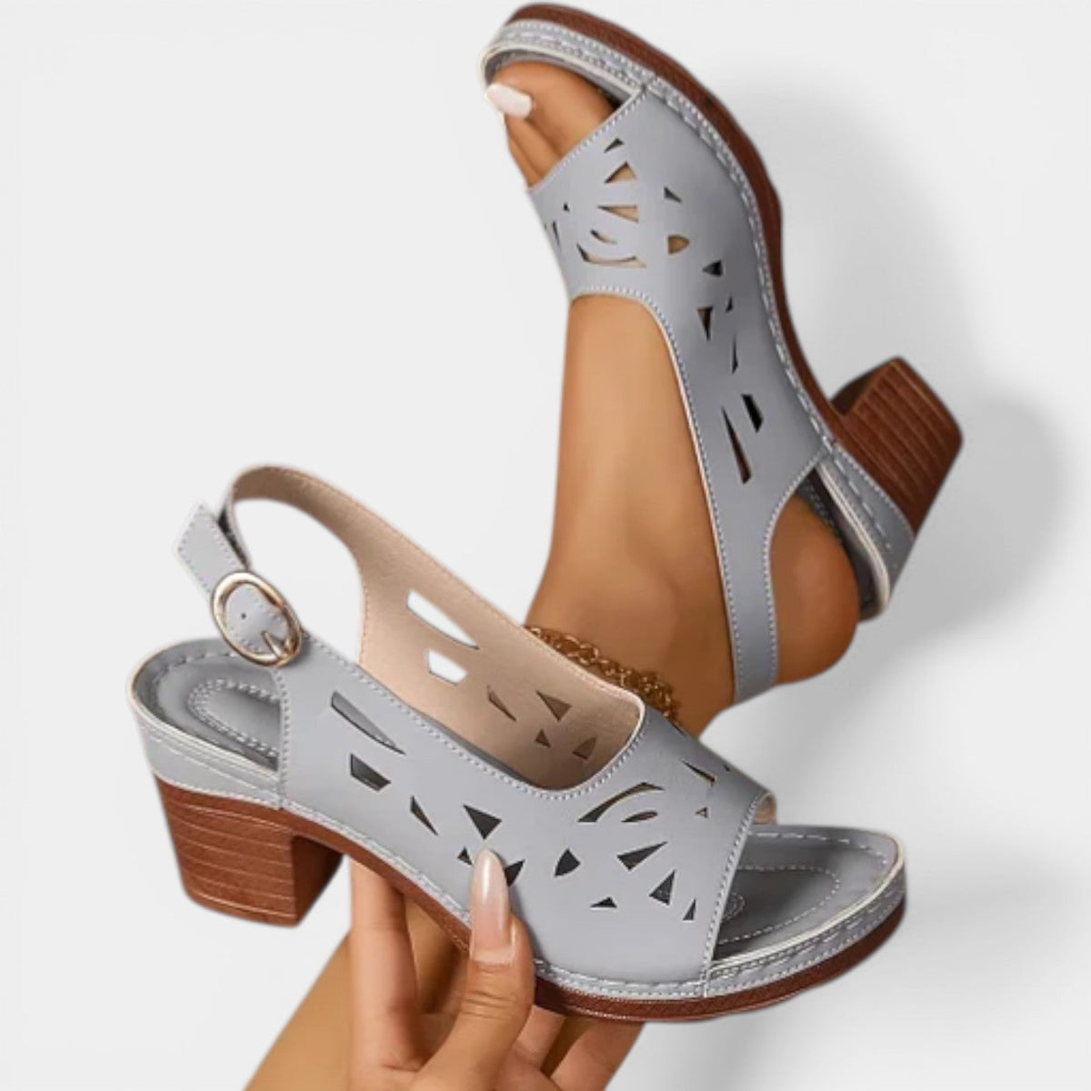 Peep Toe Laser Cut Slingback Block Heel Sandals