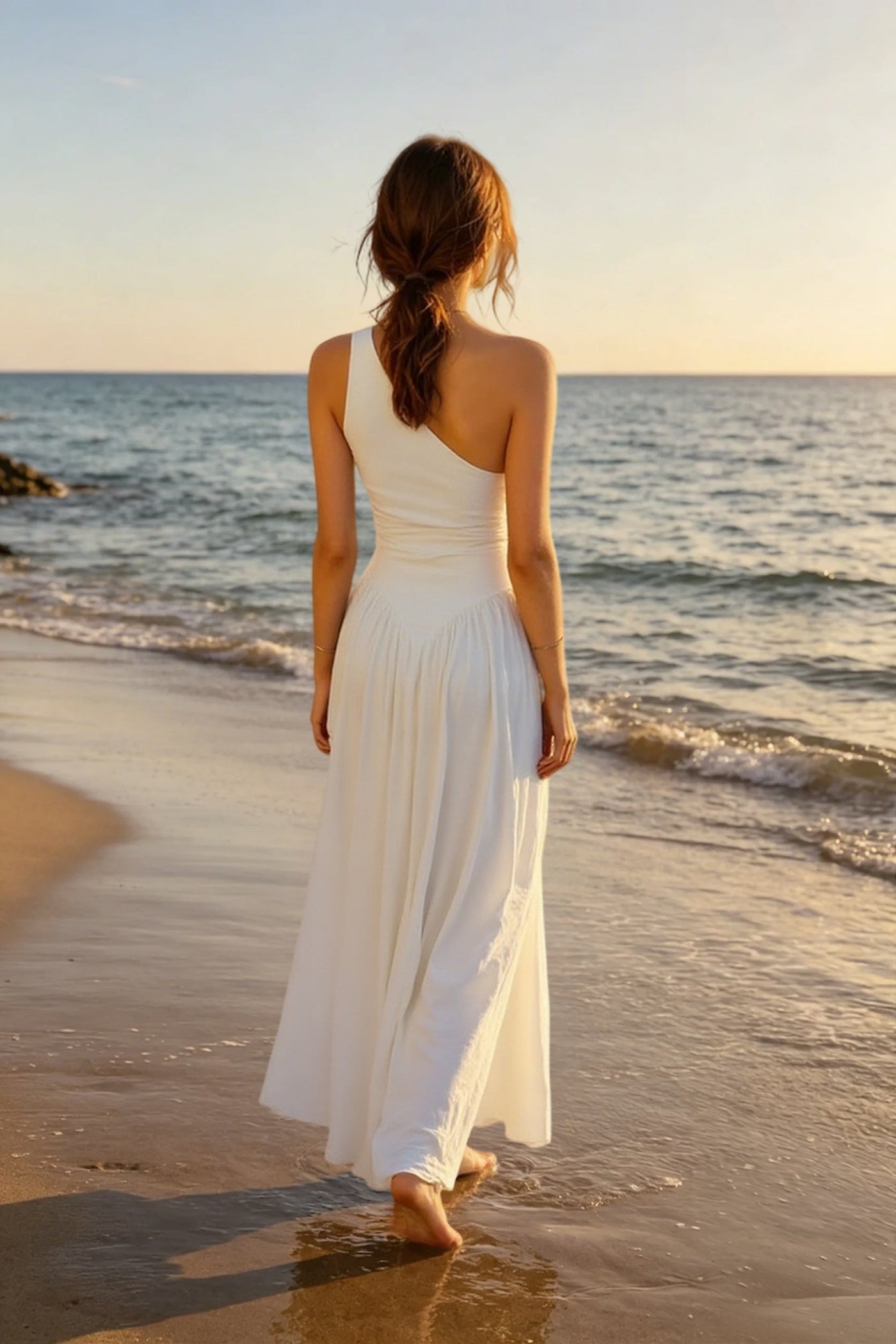 Solid One Shoulder Ruched Maxi A Line Party Dress 4