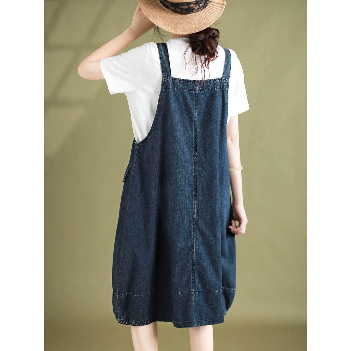 Sleeveless Denim Pinafore Flap Pocket Button Strap Midi Dress