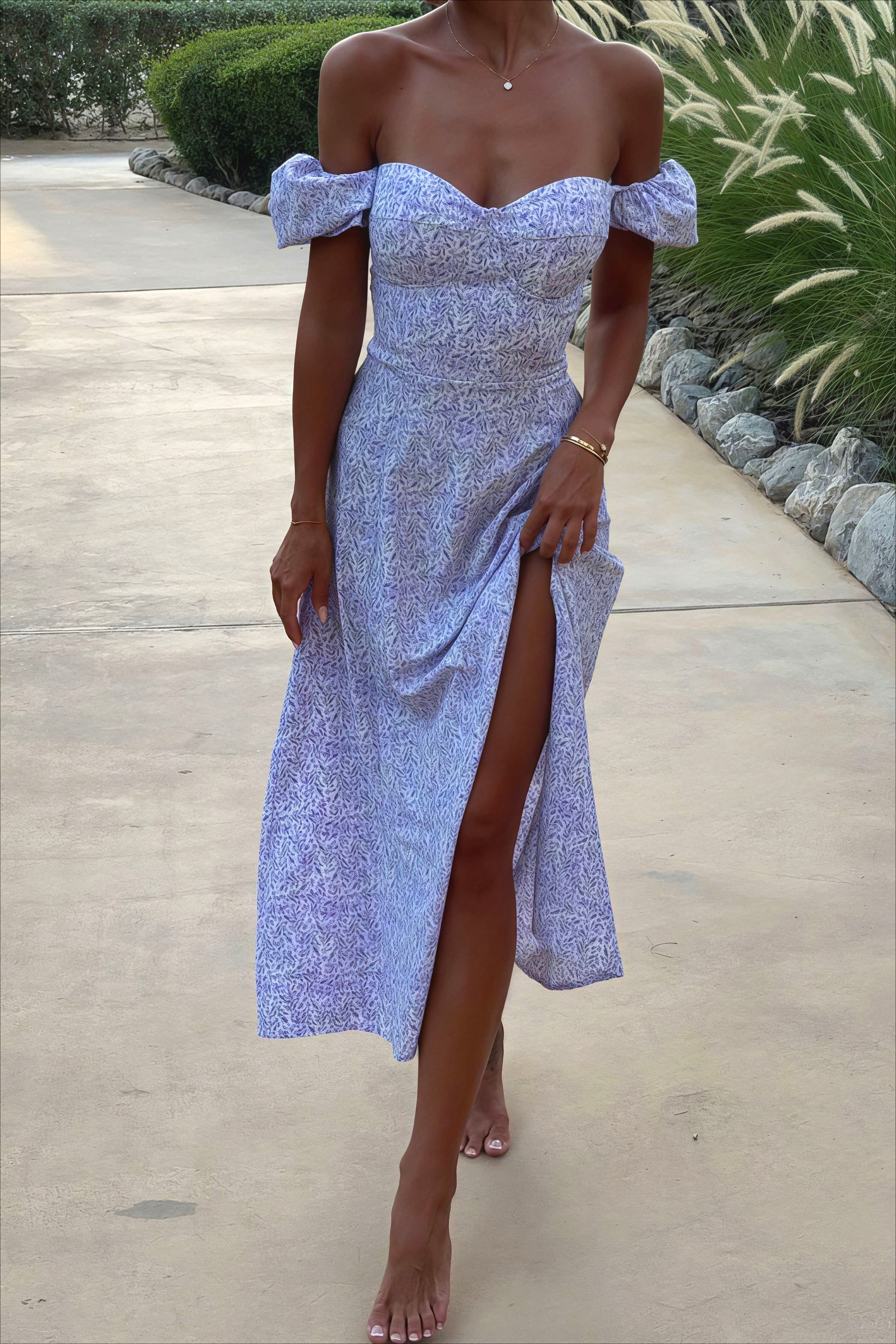 Off Shoulder Floral Slit Midi Dress