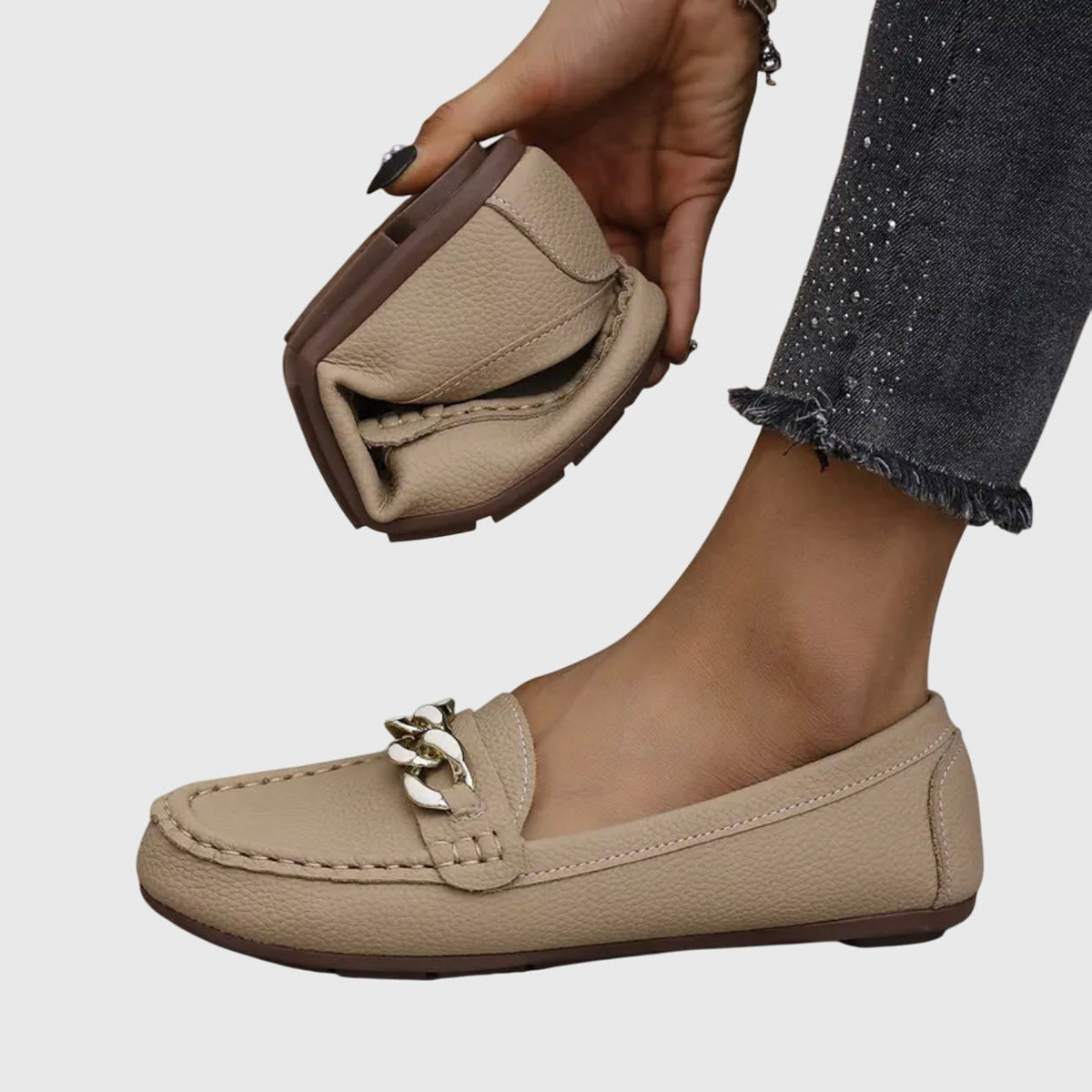 Chain Embellished Round Toe Slip On Loafers