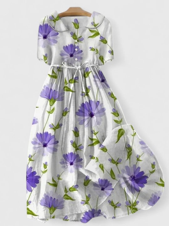 Floral Print Collared Short Sleeve Drawstring Waist Maxi Dress