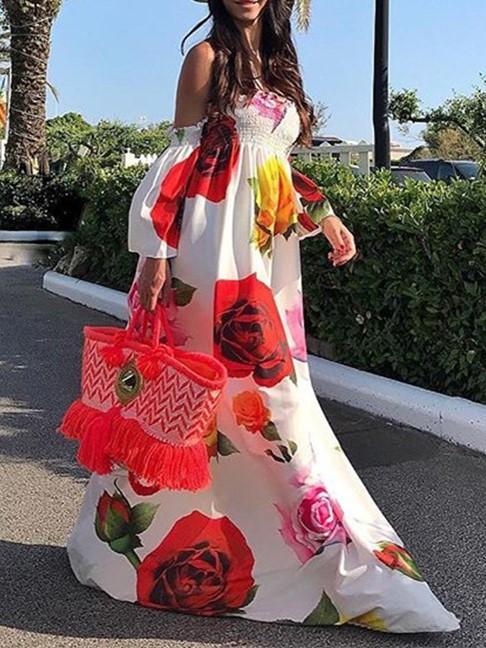 Floral Off Shoulder Smocked Long Sleeve Maxi Dress 2