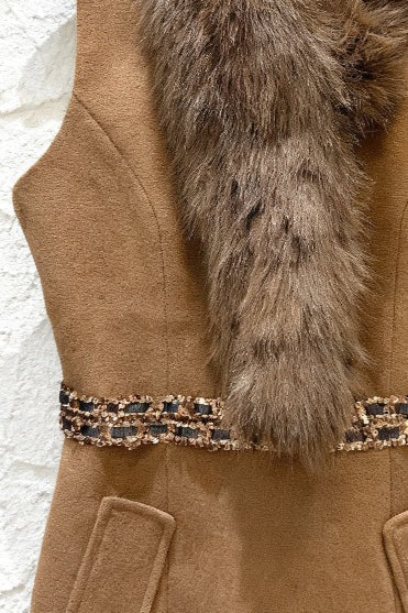 Faux Fur Open-Shoulder Embellished Midi Dress