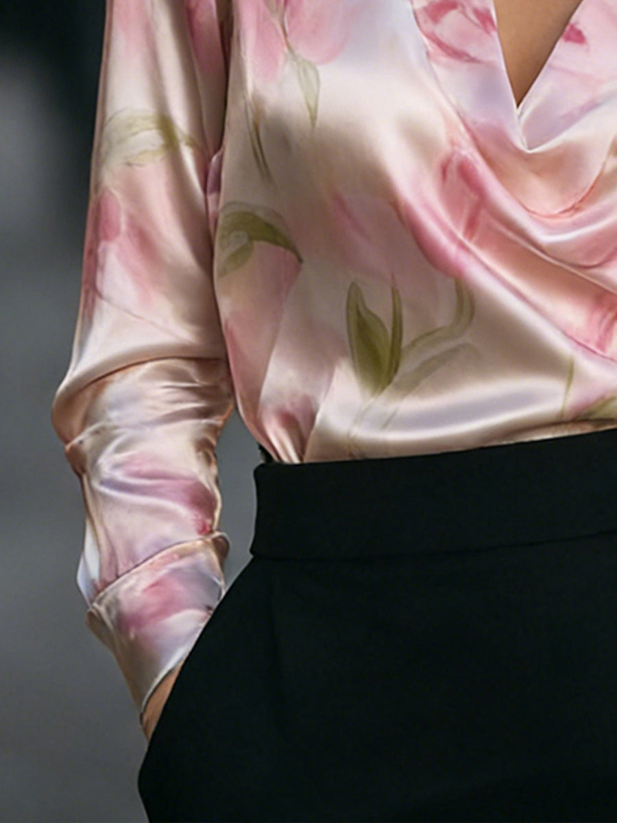 Floral Print Satin Collared Long Sleeve Blouse