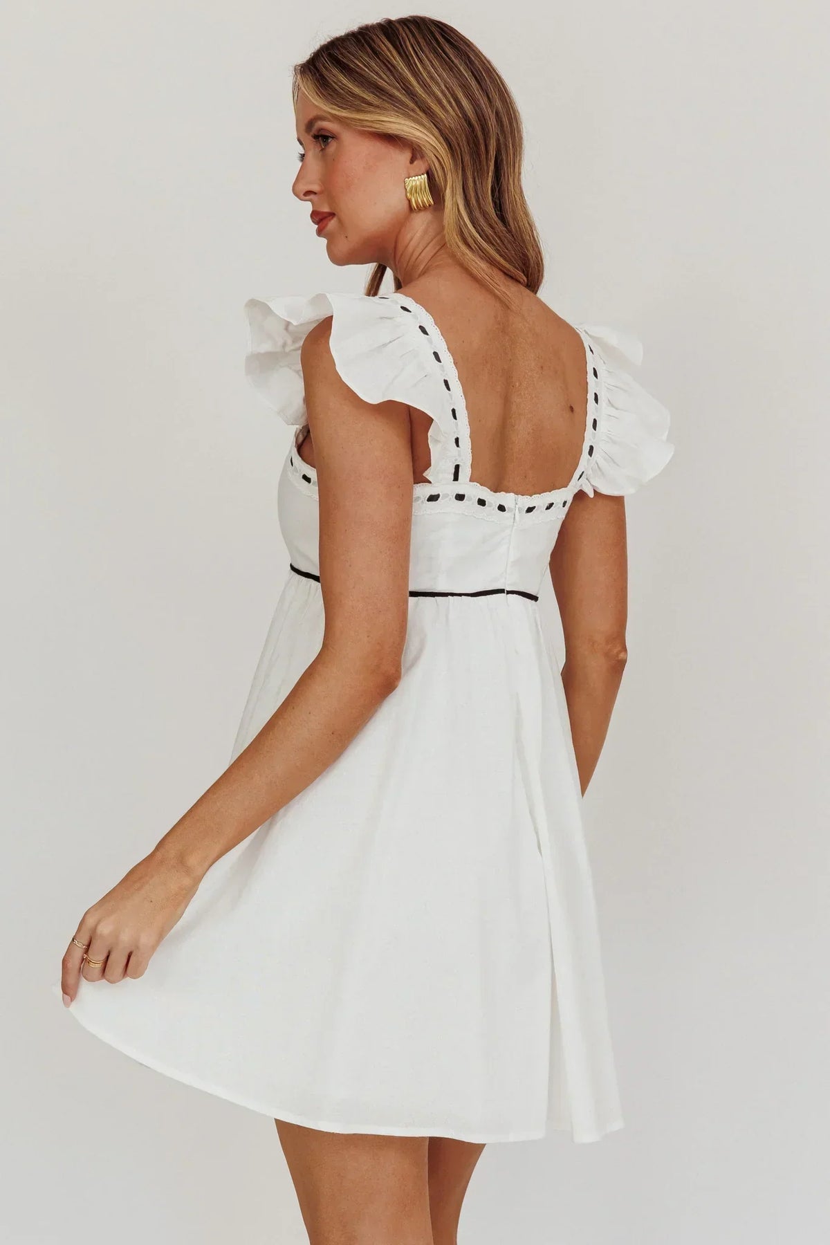 Contrast Trim Square Neck Flutter Sleeve Bow Babydoll Mini Dress 2