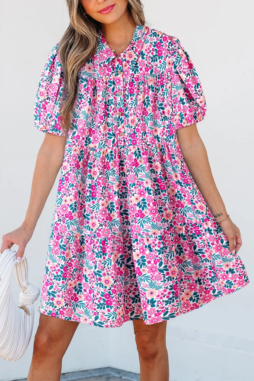 Beautiful Floral Sleeve Mini Shirt Dress Fuchsia Pink