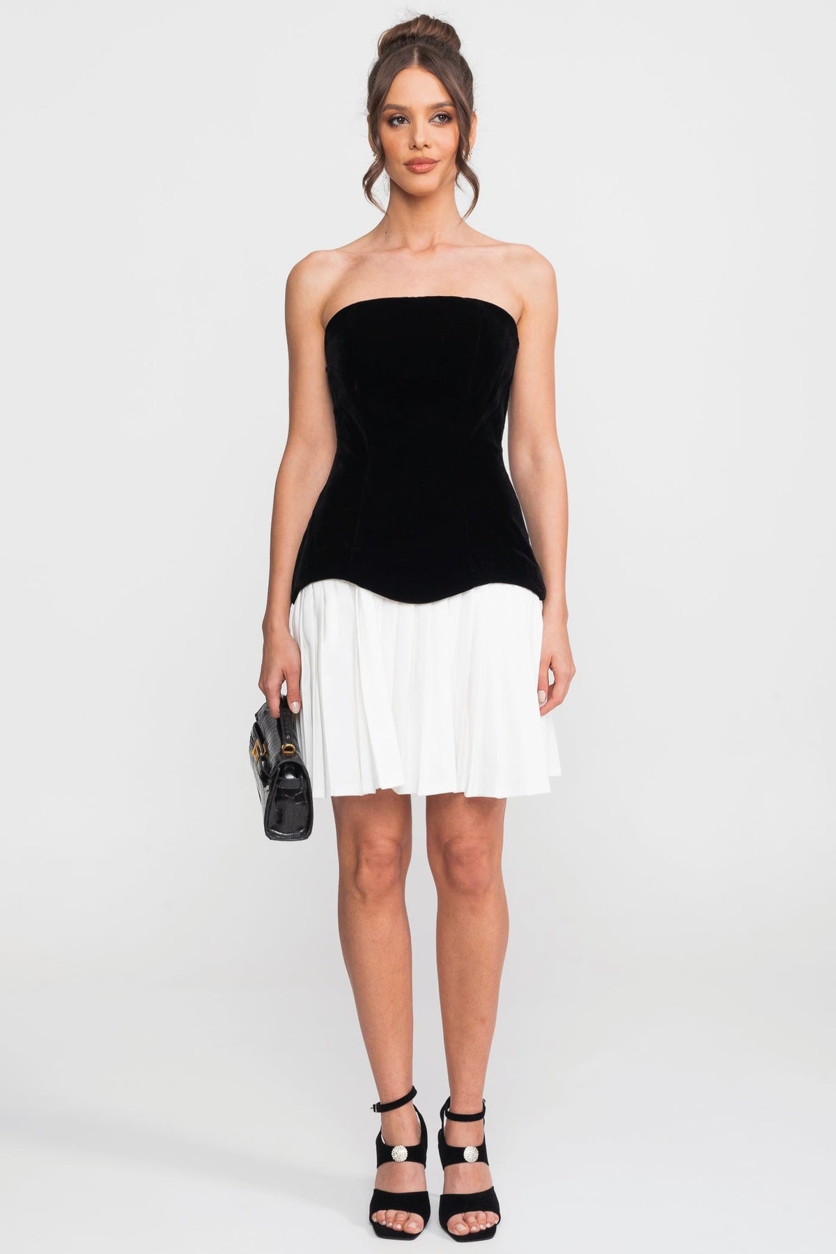 Velvet Strapless Corset Bodice Contrast Pleated Skirt Mini Dress