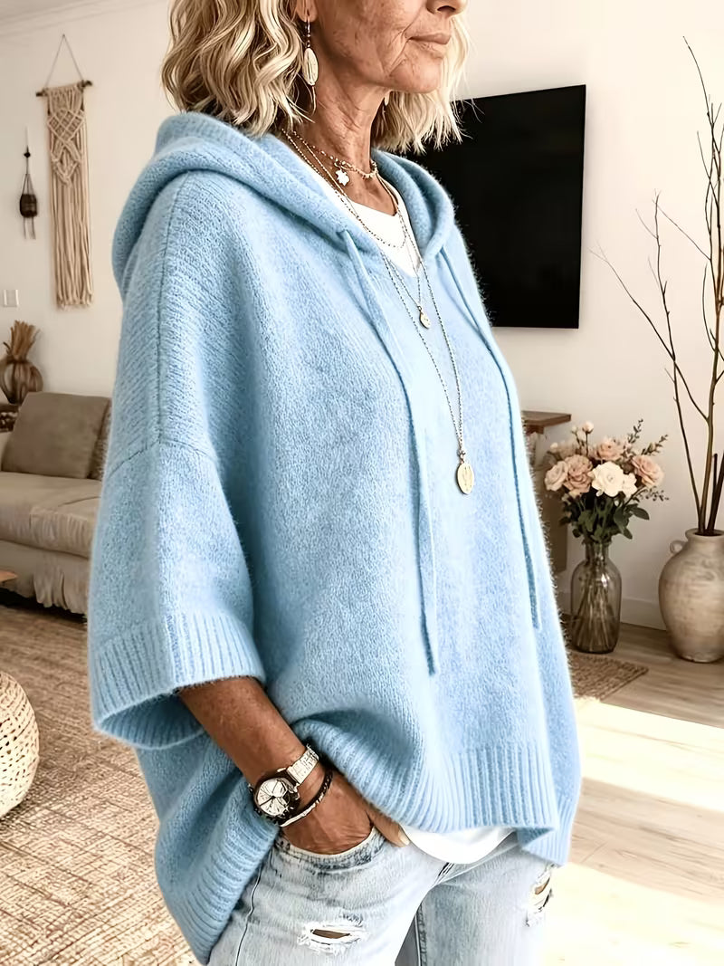 Hooded Drawstring Oversized Knit Poncho Sweater