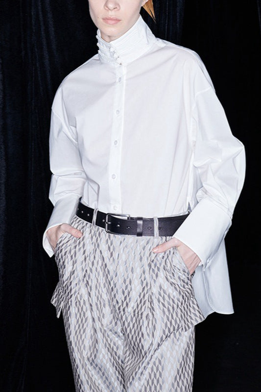 Cotton Mandarin Collar Long Sleeve Top