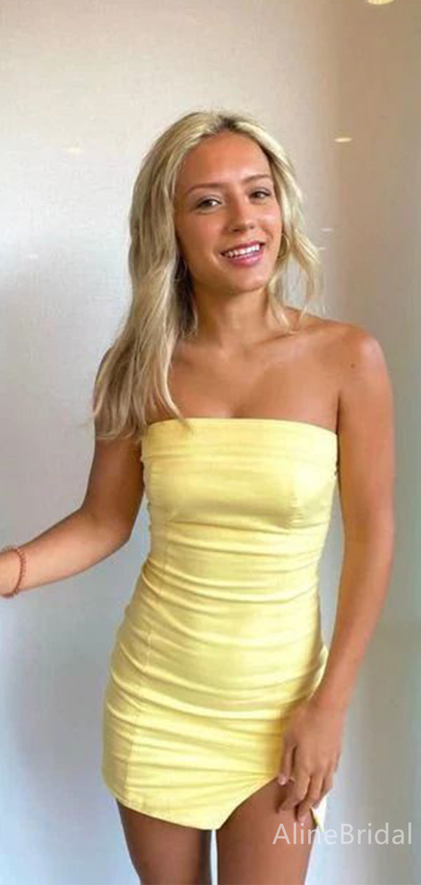 Simple Strapless Yellow Short Mini Homecoming Dress, HD32791