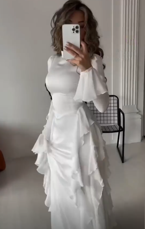 Flowing Long Sleeves A Line Ruffled Evening Dress Elegant Party Dress cc1729