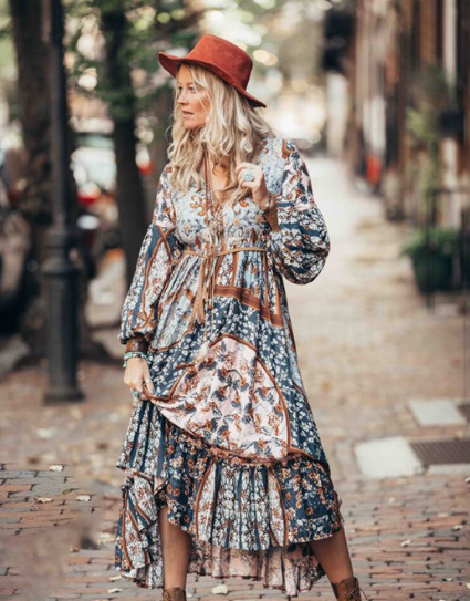 Boho Patchwork Floral Print Puff Sleeve Tie Front V-Neck Ruffle Hem Maxi Dress 2