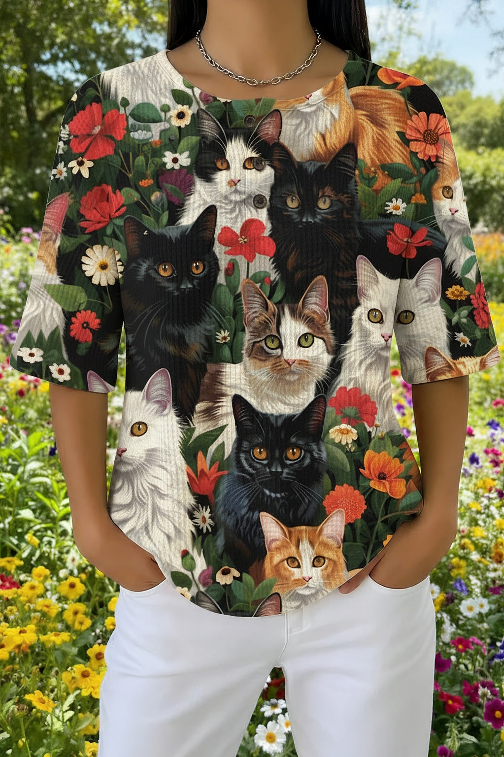 Cat and Floral Print Waffle Knit Henley Short Sleeve Top