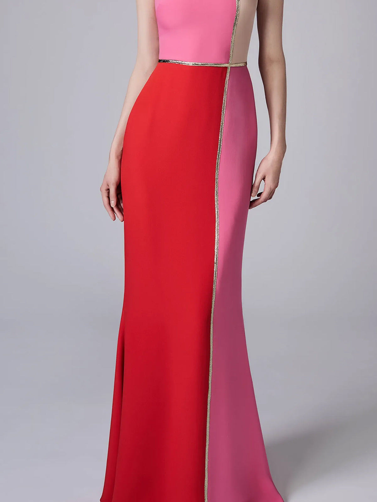 Sleeveless Color Block Contrast Piping Bodycon Mermaid Hem Maxi Gown