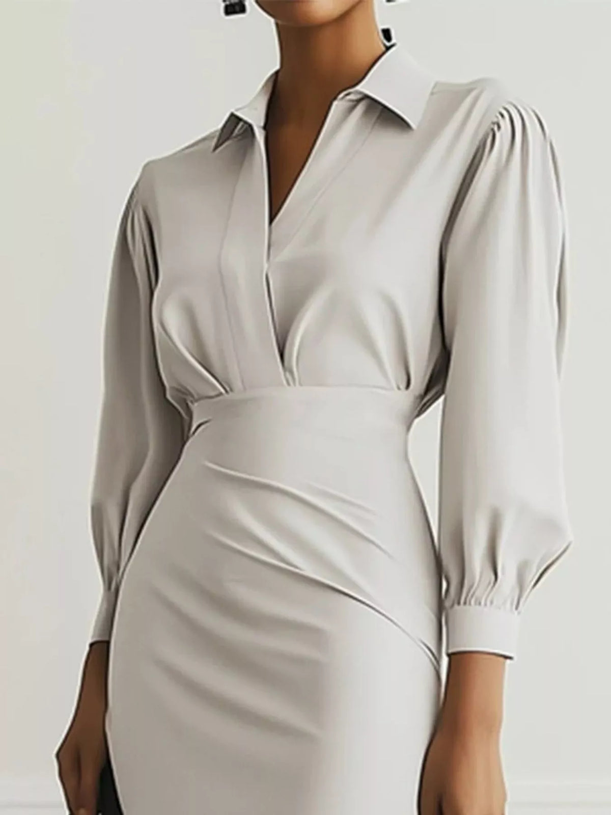 Collared V-Neck Puff Sleeve Ruched Side Slit Midi Shirt Dress 6