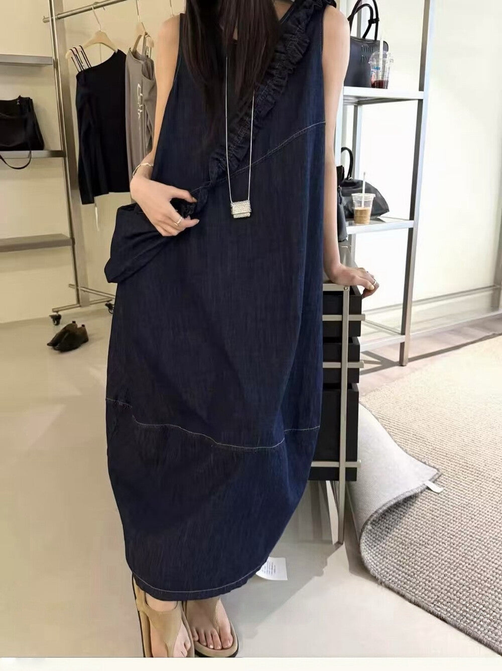Denim Sleeveless Ruffle Trim A-Line Maxi Dress 3