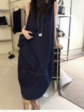 Denim Sleeveless Ruffle Trim A-Line Maxi Dress 3