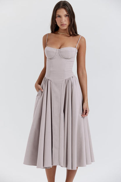 Milagros Premium Open-Shoulder Midi Dress with a Corset Fit Elevated Occasion Wear