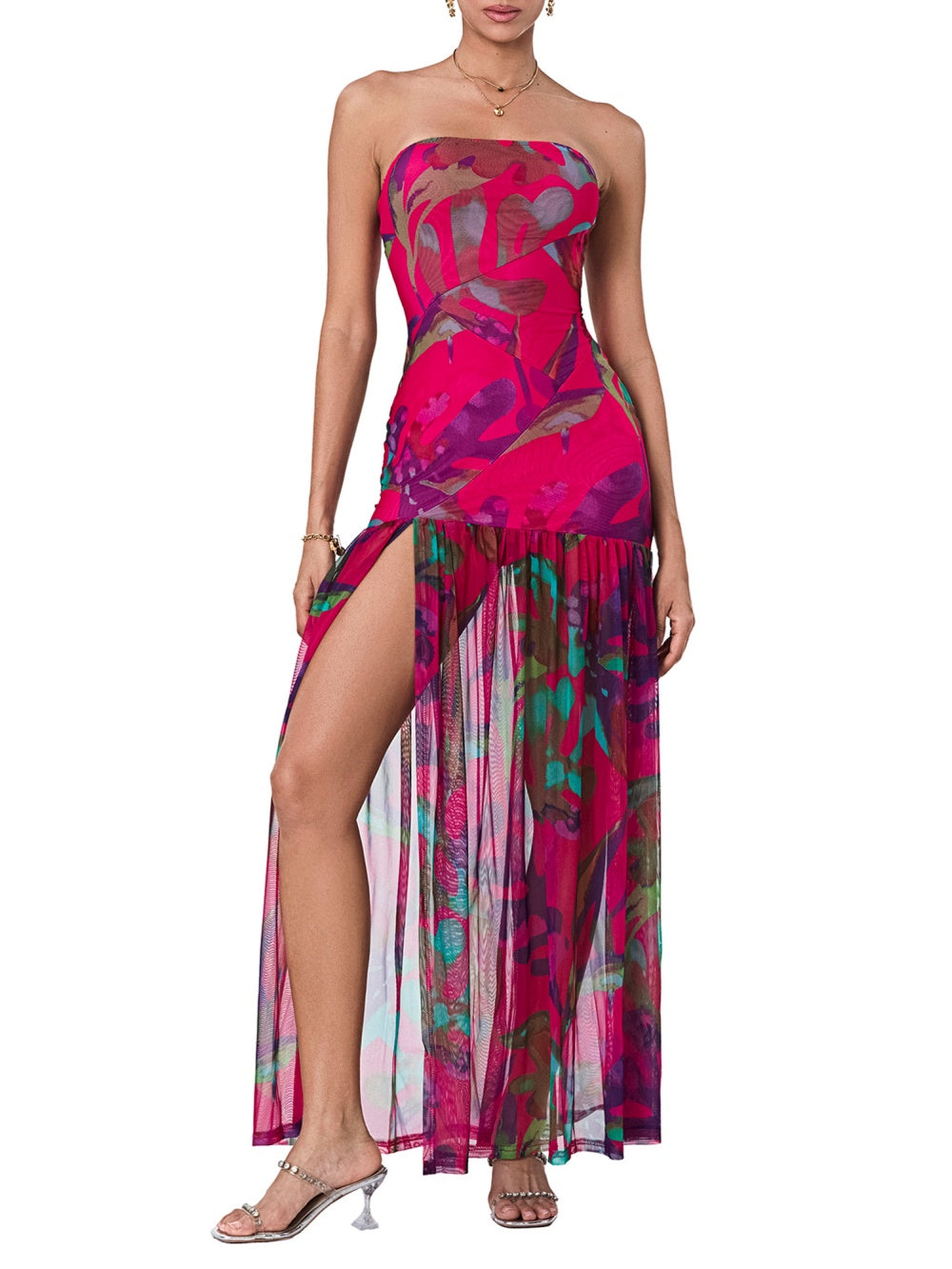 Printed Strapless Slit Maxi Dress Pink