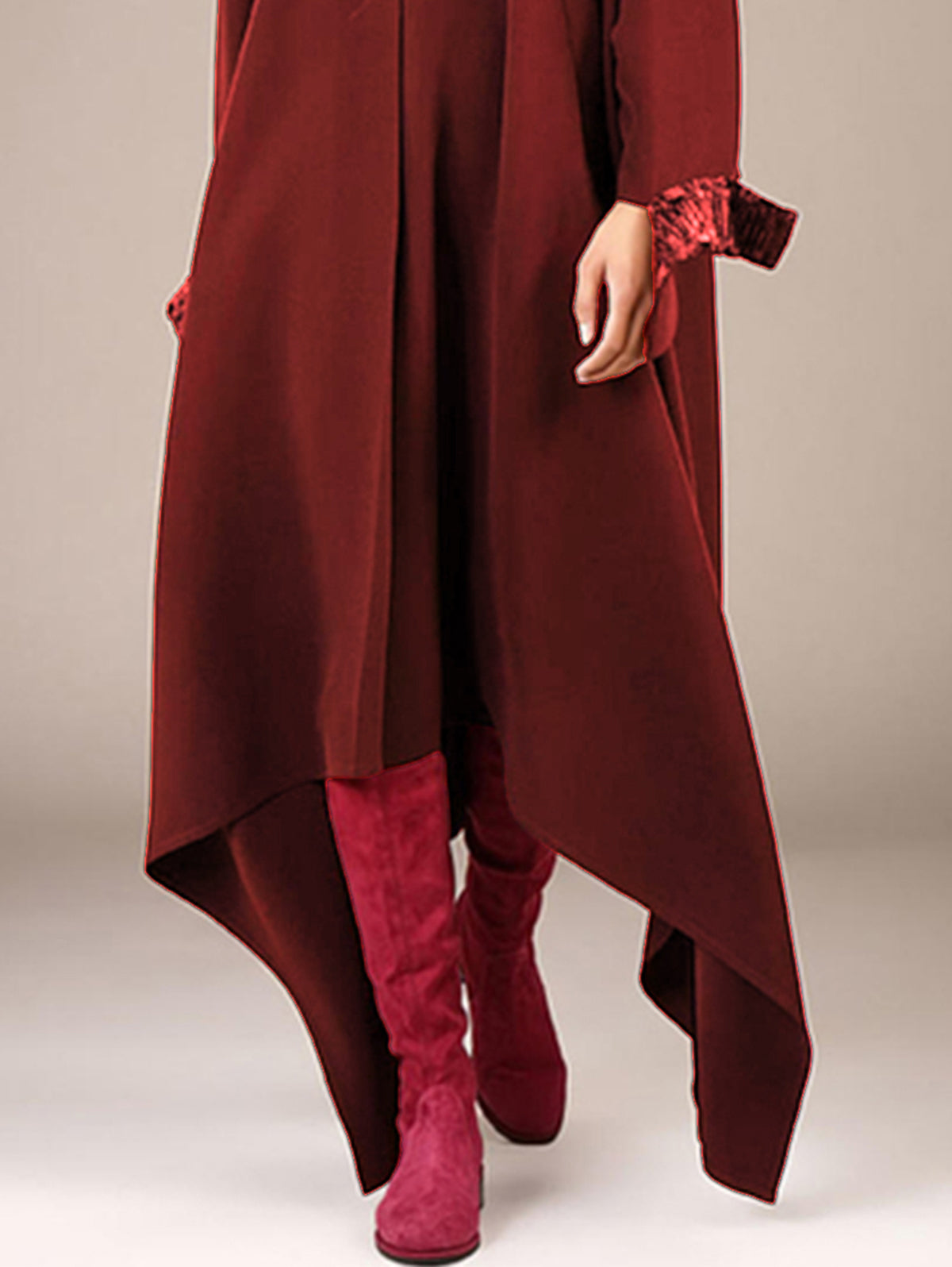 Zip Front Mock Neck Long Sleeve Contrast Cuff Handkerchief Hem Midi Dress