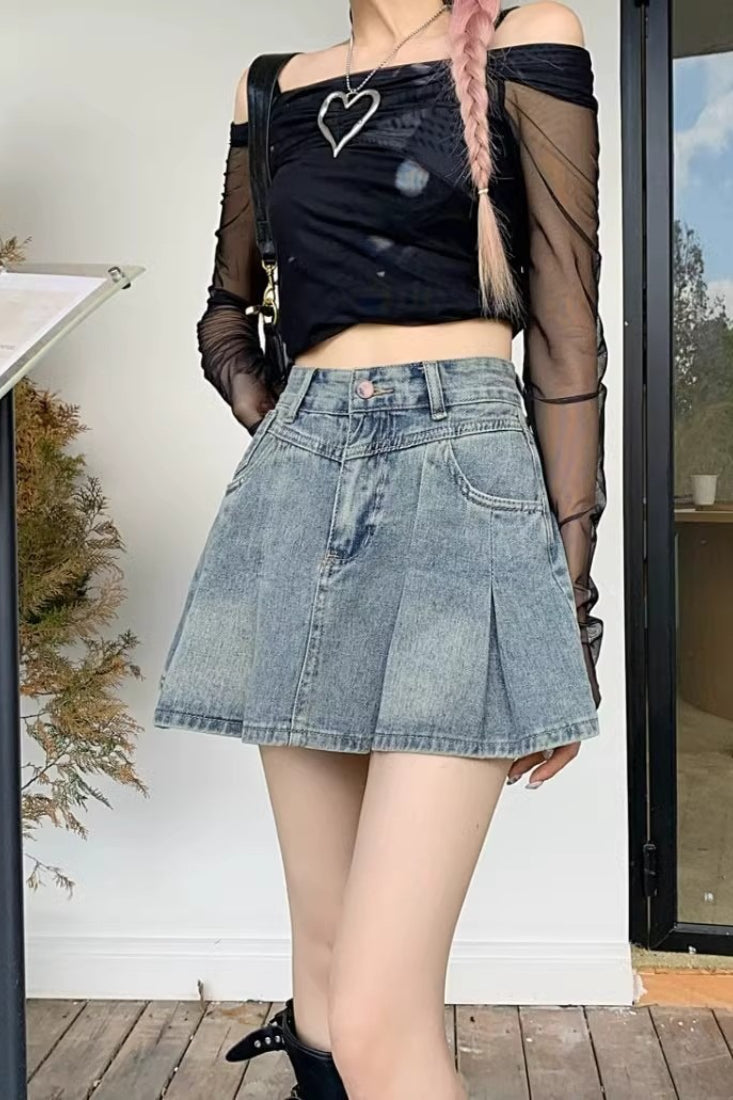 High Waist Washed Denim Box Pleated A-Line Mini Skirt 3