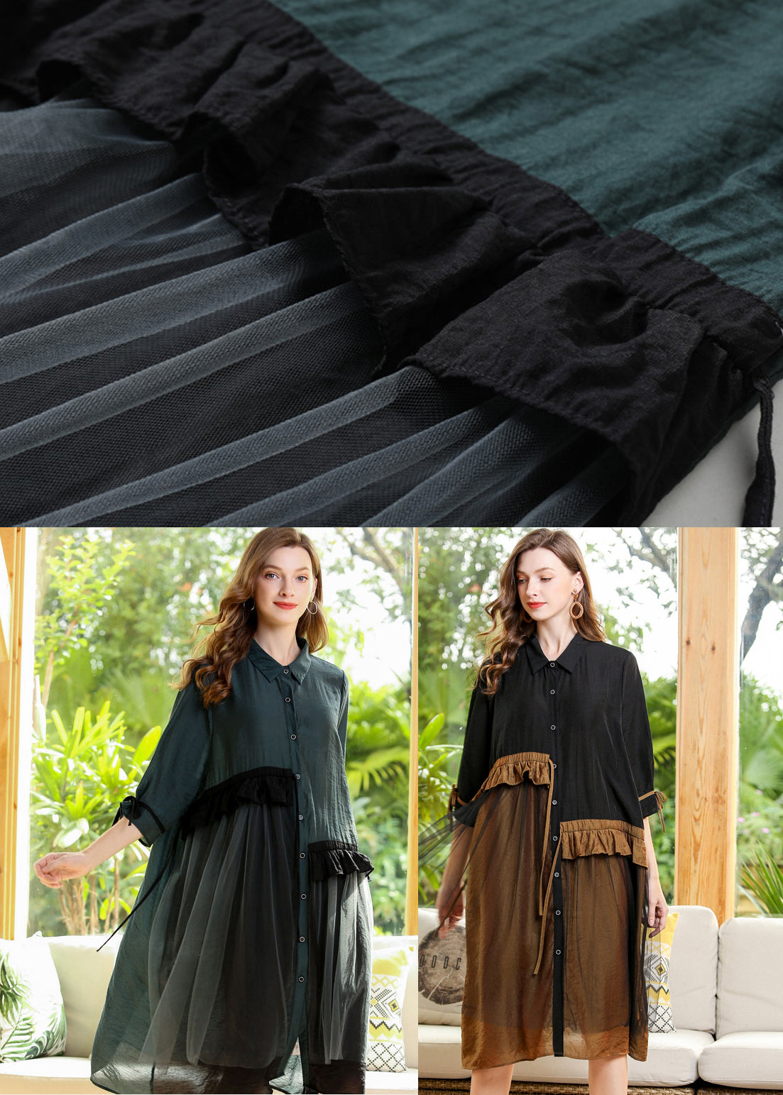 Collared Button Down Ruffle Mesh Layer Three Quarter Sleeve Shirt Dress