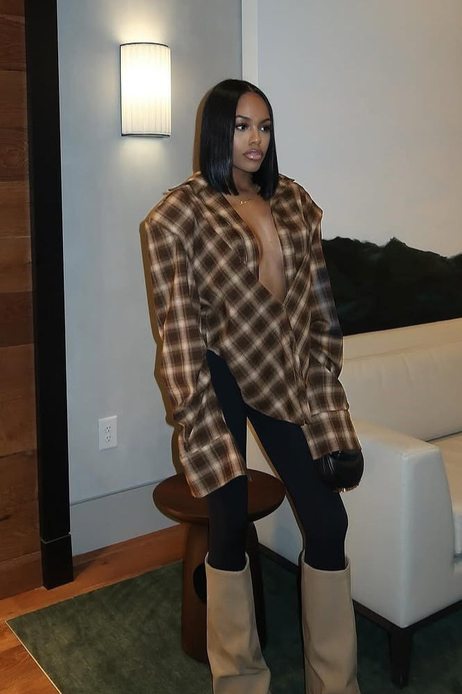 Plaid Collared Asymmetric Loose Chic Short Sleeve Blouse