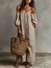 Striped Off Shoulder Long Sleeve Maxi Dress