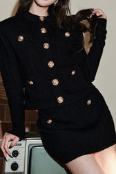 Round Button Boucle Sweater Skirt Tweed Suit Set