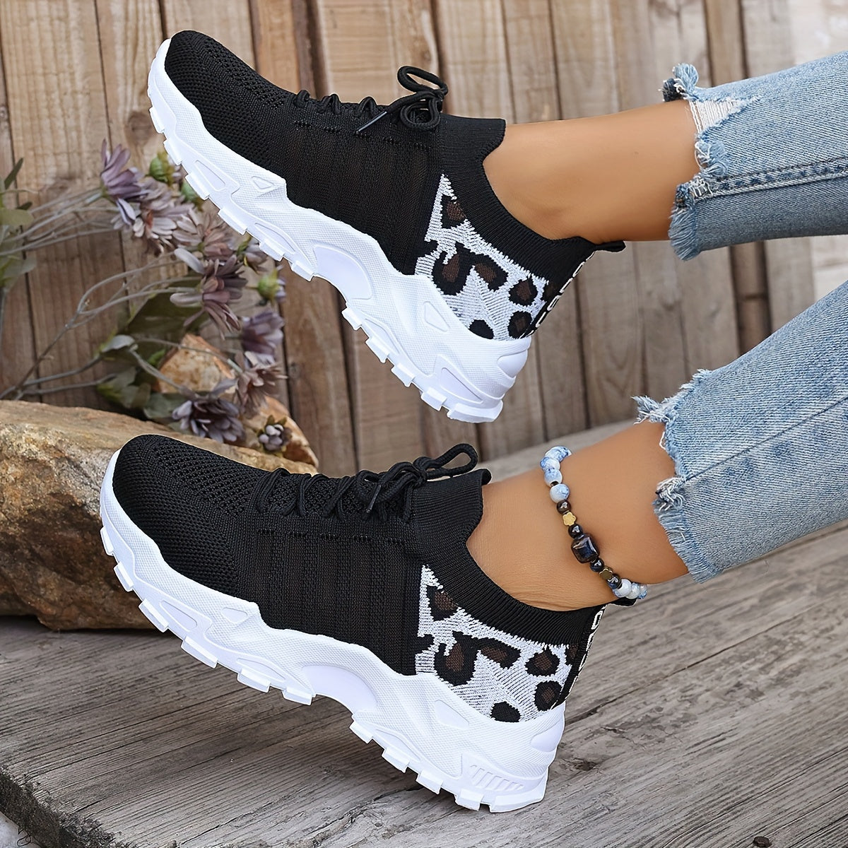 Lace Up Leopard Print Knit Chunky Sneakers