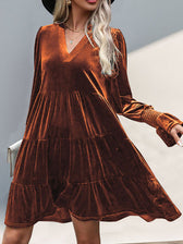 Velvet V-Neck Long Sleeve Tiered Mini Dress 3