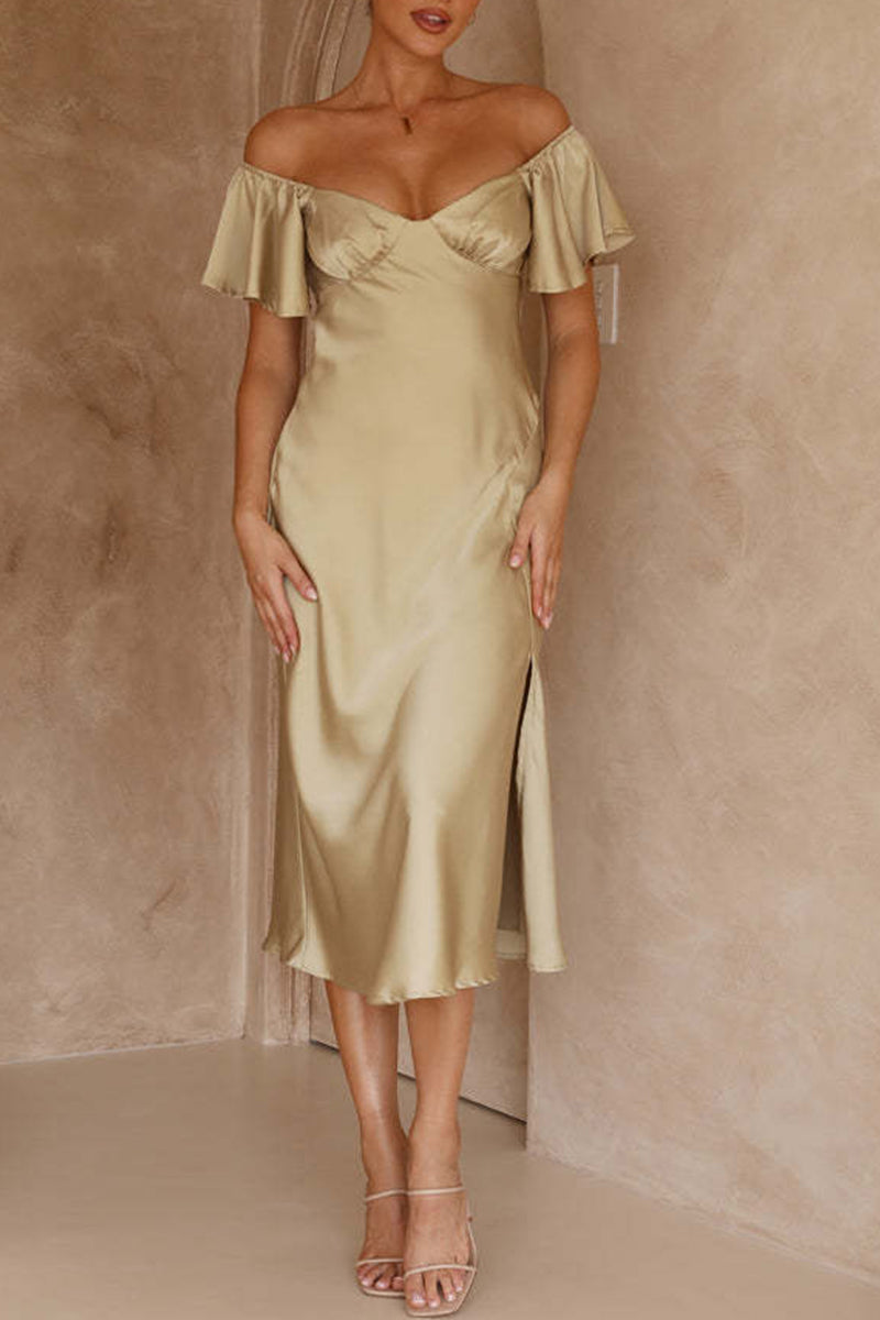 Satin Off Shoulder Sweetheart Ruched Bust Flutter Sleeve Side Slit Midi Dress