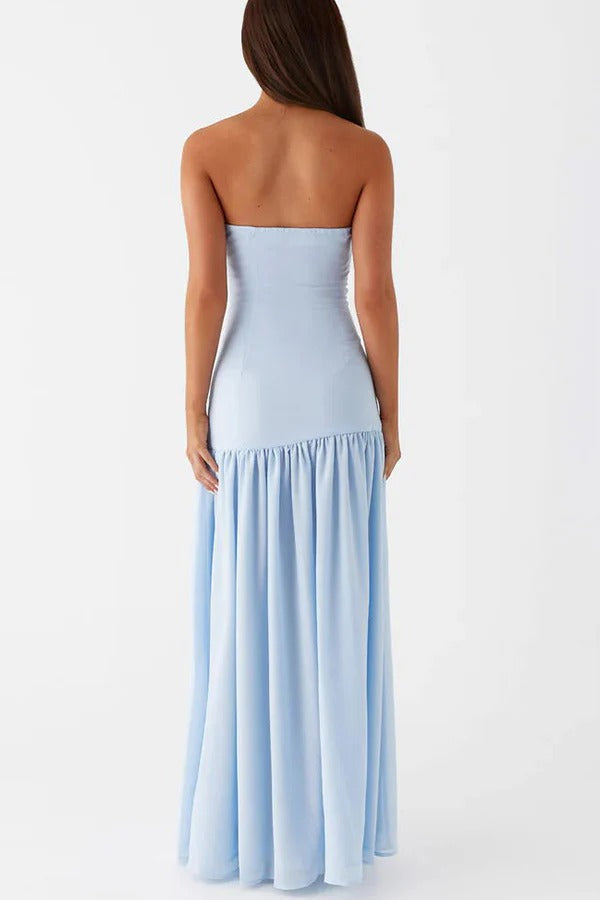 Strapless Drop Waist Gathered Skirt High Split Maxi Dress 6