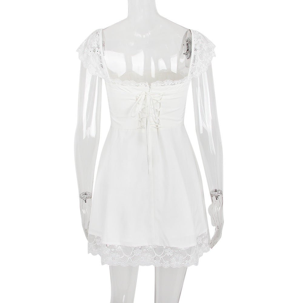 Lace Trim Square Neck Ruched Fit and Flare Mini Dress 32