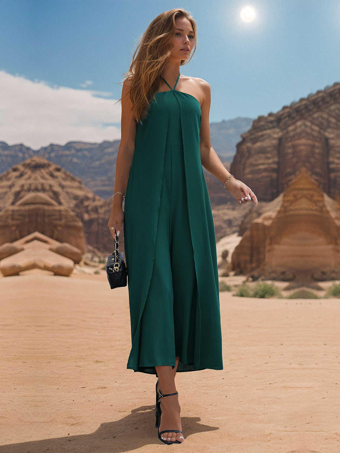 Layered Halter Neck Wide Leg Jumpsuit Green