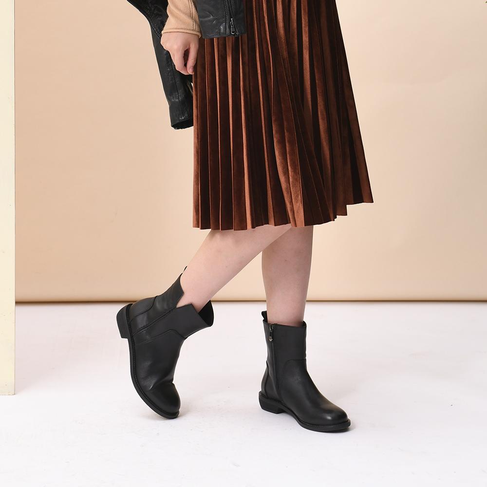 Handmade Genuine Leather Booties Round Toe Side Zip Low Heels Chic Mid-Calf Boots Black Short Plush Lining