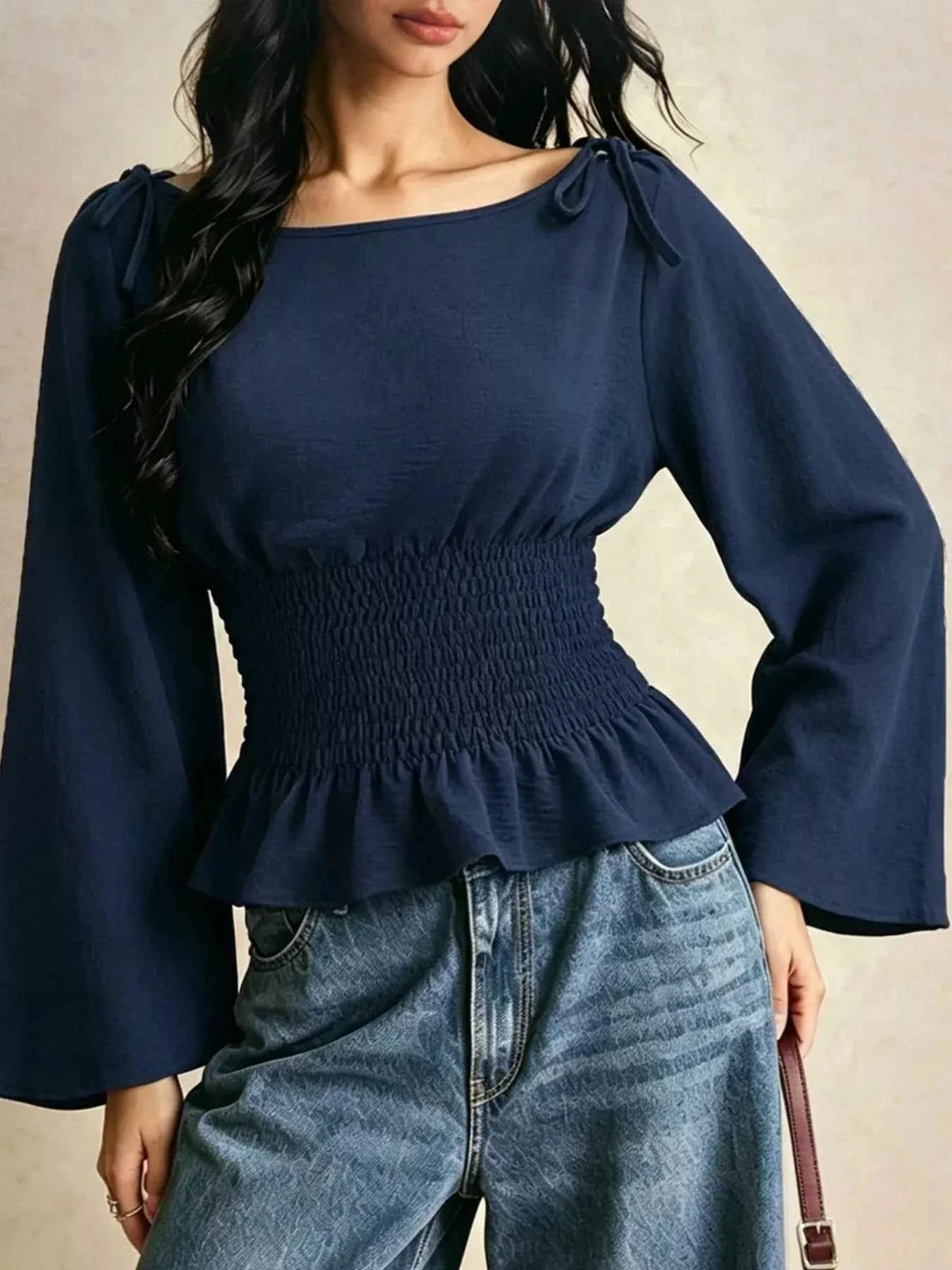 Tie Shoulder Flare Sleeve Smocked Waist Peplum Blouse 3