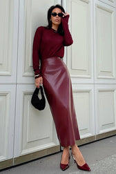 Anchor Red High Waist Slit Pencil Skirt