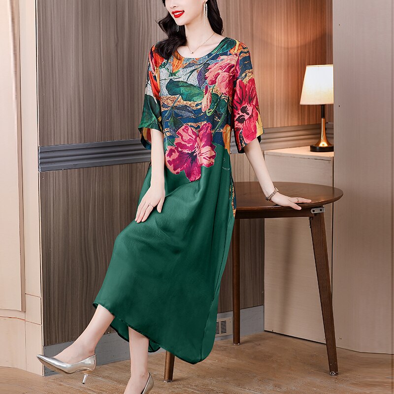 Floral Print Color Block Short Sleeve Loose Midi Dress