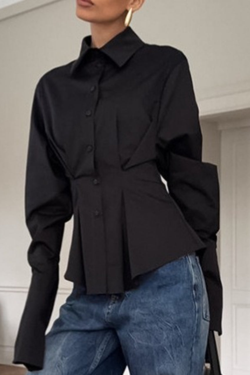 Collared Long Sleeve Pleated Cinched Waist Button Front Shirt 7