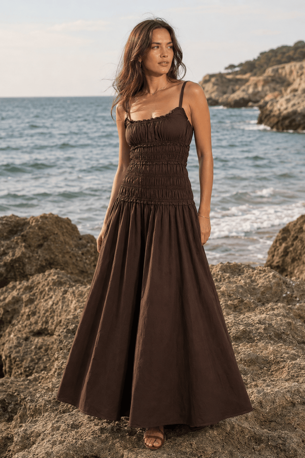 Solid Cotton Ruched Long Sleeveless Slip Dress