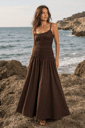 Solid Cotton Ruched Long Sleeveless Slip Dress