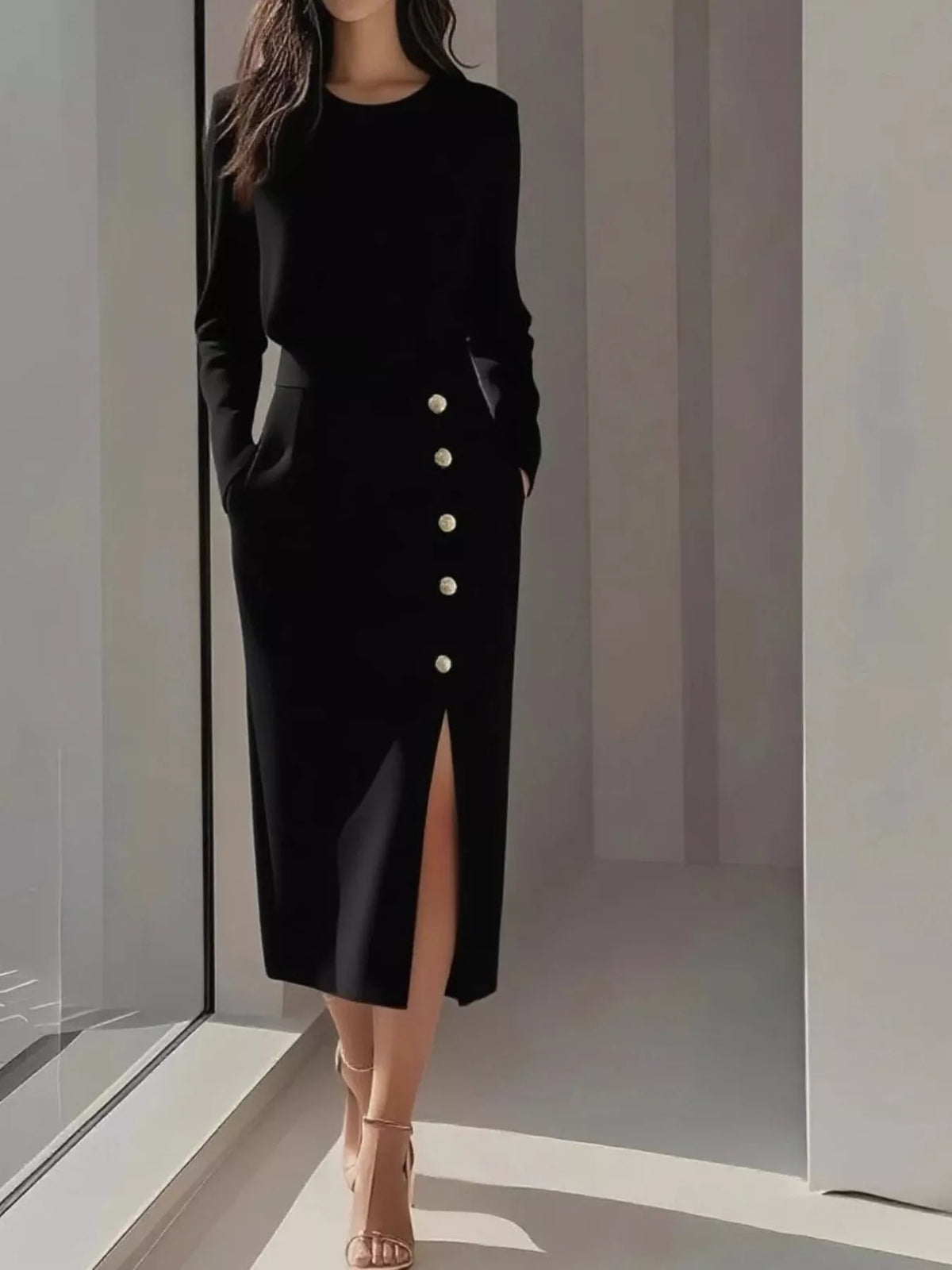 Round Neck Long Sleeve Button Detail Side Split Midi Dress 4